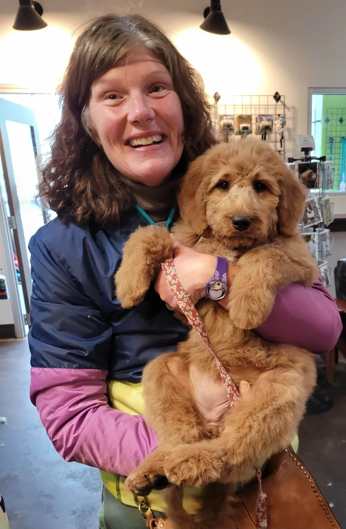 Smiling lady holding a brown puppy